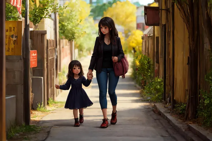 a mother walks with her daughter holding hands