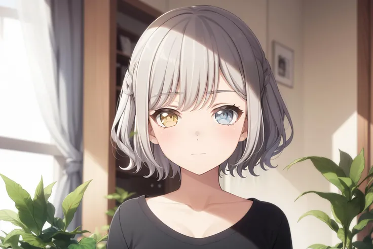 <lora:mygo3:1>
1girl, heterochromia, solo, yellow eyes, plant, blurry, short hair, blush, blue eyes, depth of field, silver hair, shirt, collarbone, eyebrows visible through hair, blurry background, bangs, grey eyes, indoors, closed mouth, window, black shirt, upper body