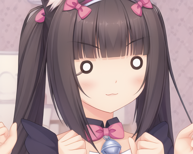 Anime girl with long black hair and pink bow tie holding a blue object ...