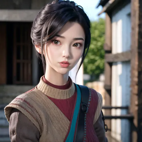 1girl, black hair, blurry, blurry background, blurry foreground, book, building, day, depth of field, east asian architecture, holding book, lips, looking at viewer, outdoors, rope, short hair, shrine, solo, upper body