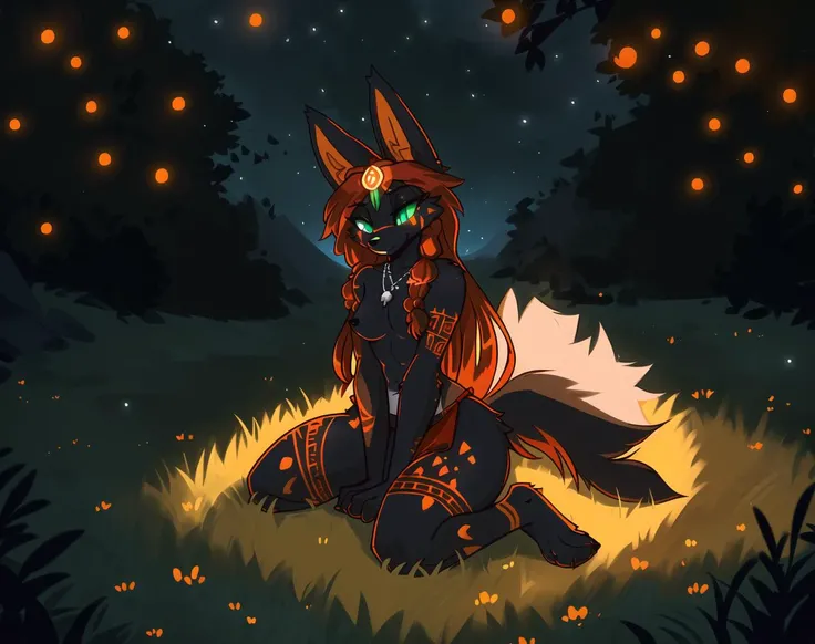 fox, fox ears, fox tail, perfect anatomy, perfect eyes, perfect background, (night environment), (field, fireflies, camp), (1girl, solo, kneeling), green eyes, expressionless, (orange fur:1.3, black fur:1.5), (anthro furry:1.6), tiny breasts, necklace, narrow waist, abs, wide hips, loincloth, native american headdress, red dreadlocks, bodypaint, tribal tattoo, (best quality:1.4, great quality:1.4), 8k, subsurface scattering