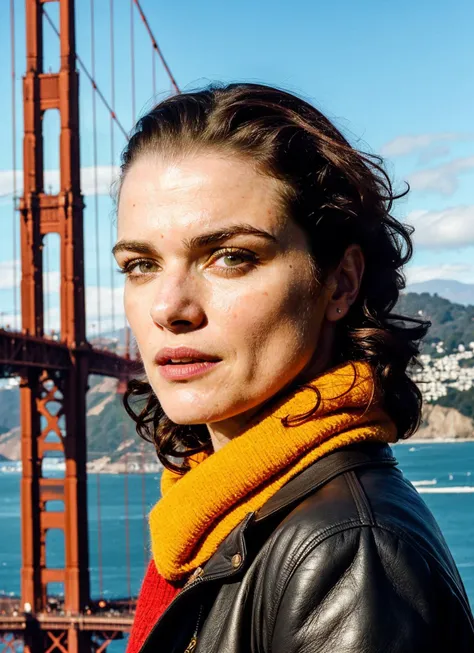 portrait of sks woman in San Francisco, with the Golden Gate Bridge in the background, by Flora Borsi, style by Flora Borsi, bold, bright colours, ((Flora Borsi)), by Gerda Taro, <lora:locon_rachelweisz_v1_from_v1_64_32:1>