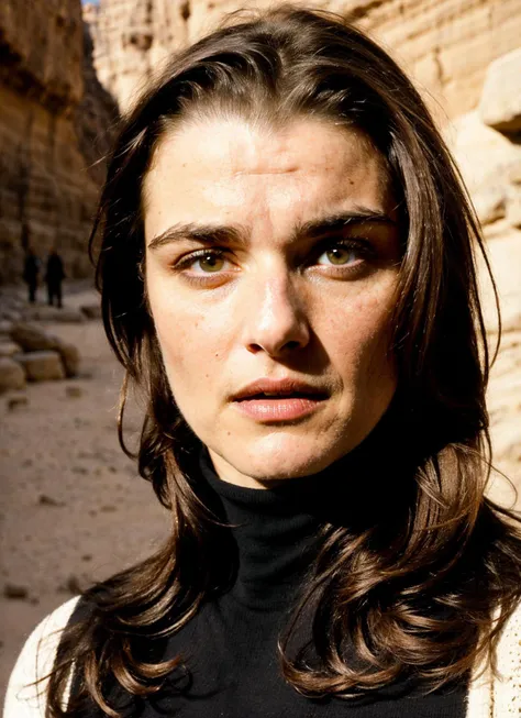 A stunning intricate full color portrait of (sks woman:1) in jordan, at the petra, wearing black turtleneck, epic character composition, sharp focus, natural lighting, subsurface scattering, f2, 35mm, film grain, , by Michael Kenna, <lora:locon_rachelweisz_v1_from_v1_64_32:1>