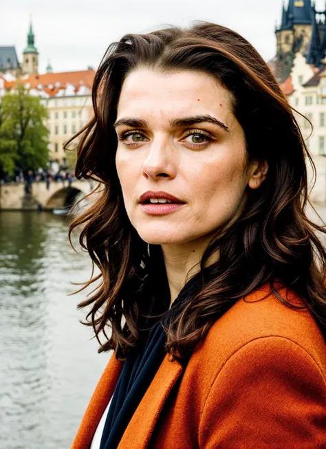 portrait of sks woman in Prague, at the Charles Bridge, by Flora Borsi, style by Flora Borsi, bold, bright colours, ((Flora Borsi)), by Peter Lindbergh, <lora:locon_rachelweisz_v1_from_v1_64_32:1>