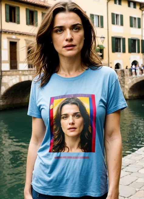 A stunning intricate full color portrait of (sks woman:1) in Florence, at the Ponte Vecchio, wearing tshirt, epic character composition, sharp focus, natural lighting, subsurface scattering, f2, 35mm, film grain, , by Gregory Crewdson, <lora:locon_rachelweisz_v1_from_v1_64_32:1>