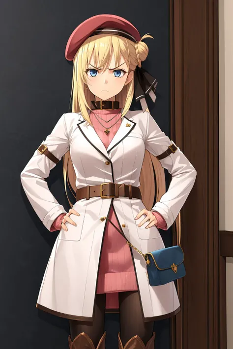 1girl, bazooka, blonde twin tails, long hair, blind fold, white outfit