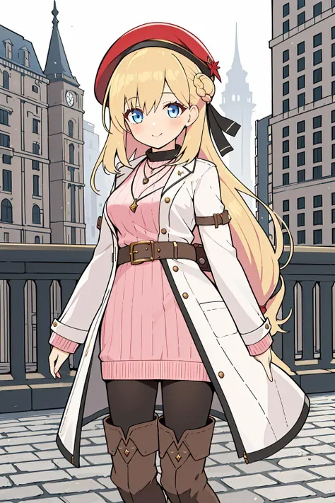 smile,
<lora:agneslV3-000008:0.7>,agnesgf,game style,blonde hair,hair bun,low-tied long hair,very long hair,braid,hair ribbon,red beret,blue eyes,||black collar,necklace,white coat,long sleeves,pink sweater pencil dress,brown belt,handbag,black pantyhose,brown knee boots,outdoors,cityscape,, Exquisite visuals, high-definition,masterpiece,best quality,