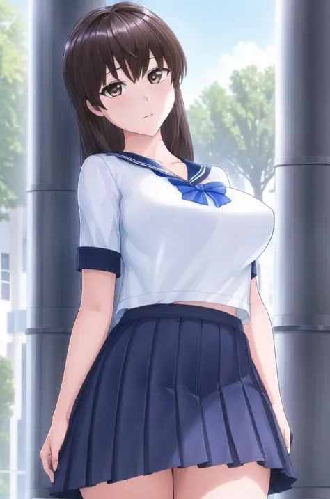 (day:1.7), standing in front of a building in the background,
standing at attention,
blue bowtie, school_uniform,blue_sailor_collar,short_sleeves,blue and white skirt ,
<lora:saiminSeishidou:0.2>,<lora:Mai_Shiranui-KK77-V2:0.1>,<lora:Artificial_Academy_2-KK77-V1:0.7>,
bangs,hair_between_eyes,brown_hair,brown_eyes,long_hair,
1 girl, 20yo,mature female,Beautiful Finger,Beautiful long legs,Beautiful body,Beautiful Nose,Beautiful character design, perfect eyes, perfect face,
looking at viewer, (innocent_big_eyes:1.0),(expressionless:1.3),
NSFW,official art,extremely detailed CG unity 8k wallpaper, perfect lighting,Colorful, Bright_Front_face_Lighting,
(masterpiece:1.0),(best_quality:1.0), ultra high res,4K,ultra-detailed,
photography, 8K, HDR, highres, absurdres:1.2, Kodak portra 400, film grain, blurry background, bokeh:1.2, lens flare, (vibrant_color:1.2)
(Beautiful,large_Breasts:1.4), (beautiful_face:1.5),(narrow_waist),