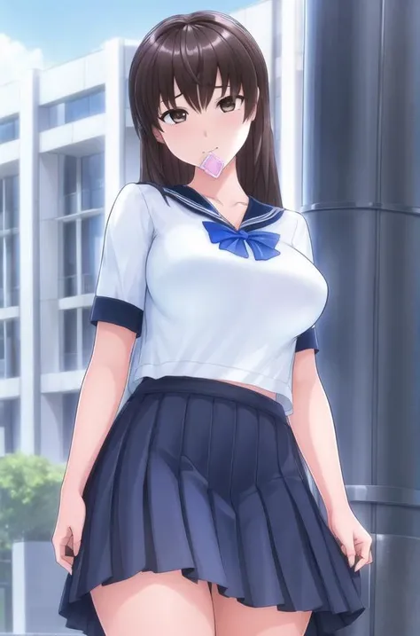 (day:1.7), standing in front of a building in the background,
standing at attention,a condom_wrapper in her mouth,condom_in_mouth,
blue bowtie, school_uniform,blue_sailor_collar,short_sleeves,blue and white skirt ,
<lora:saiminSeishidou:0.2>,<lora:Mai_Shiranui-KK77-V2:0.1>,<lora:Artificial_Academy_2-KK77-V1:0.7>,
bangs,hair_between_eyes,brown_hair,brown_eyes,long_hair,
1 girl, 20yo,mature female,Beautiful Finger,Beautiful long legs,Beautiful body,Beautiful Nose,Beautiful character design, perfect eyes, perfect face,
looking at viewer, (innocent_big_eyes:1.0),(expressionless:1.3),
NSFW,official art,extremely detailed CG unity 8k wallpaper, perfect lighting,Colorful, Bright_Front_face_Lighting,
(masterpiece:1.0),(best_quality:1.0), ultra high res,4K,ultra-detailed,
photography, 8K, HDR, highres, absurdres:1.2, Kodak portra 400, film grain, blurry background, bokeh:1.2, lens flare, (vibrant_color:1.2)
(Beautiful,large_Breasts:1.4), (beautiful_face:1.5),(narrow_waist),
