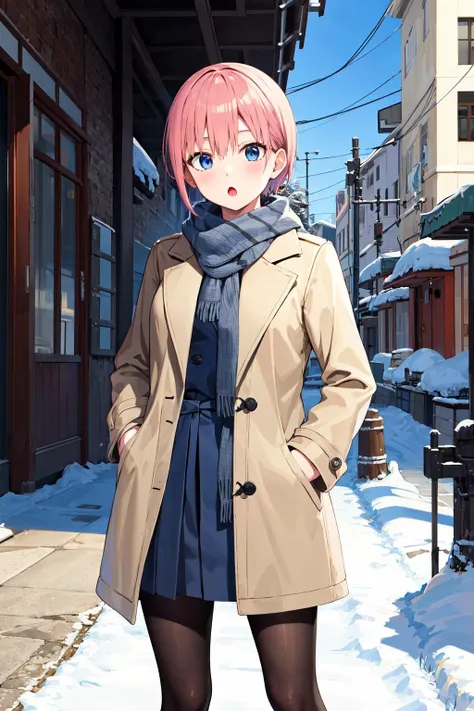 masterpiece, best quality, highres, aaichika, short hair, <lora:nakano_ichika_v1:0.7>, winter, snow, street, winter clothes, pantyhose, scarf, coat, skirt, cowboy shot, street, :o, hand in pocket,