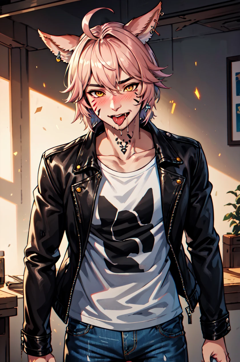 1boy, male focus, solo, Simple-Miqote Ahoge-HornballFace BadBoyVibes-GenderFree