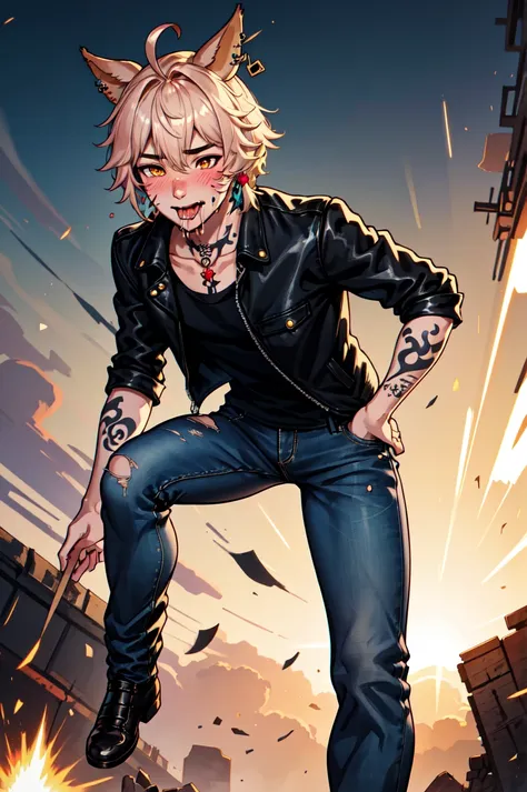 1boy, male focus, solo, Simple-Miqote Ahoge-HornballFace BadBoyVibes-GenderFree Fart-Pose