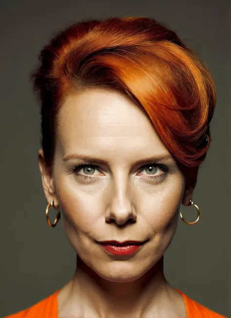 portrait of sks woman by Flora Borsi, style by Flora Borsi, bold, bright colours, orange Mohawk haircut, ((Flora Borsi)), <lora:locon_amyryan_v1_from_v1_64_32:1.25>