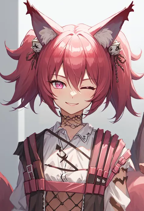 best quality, masterpiece, highres, solo, (shamare_arknights:1.10), smile, happy, one eye closed, portrait, looking at viewer, 32 <lora:shamare_arknights:0.80>
