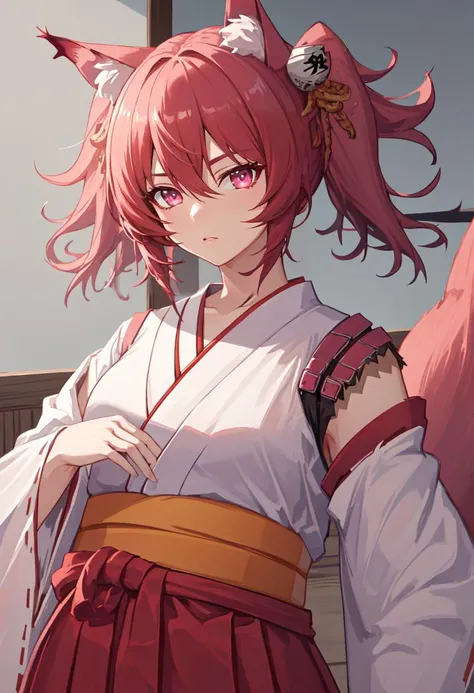 best quality, masterpiece, highres, solo, (shamare_arknights:1.10), (white kimono:1.35), (red hakama:1.35), (wide sleeves:1.20), 19 <lora:shamare_arknights:0.80>