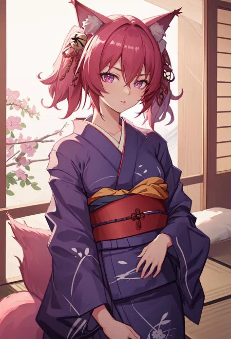 (Highest quality:1.1), (masterpiece:1.4), (Absurd:1.0),
One Girl、1girl, 独奏, short hair, ahoge, red hair, purple eyes, purple hair, Medium chest、Looking at the audience、Bedroom、(blush:1.2)、Embarrassed expression、((hose))、sit、(kimono)、(Black Panti
