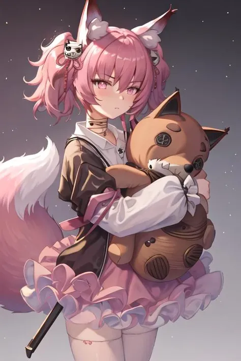 best quality, masterpiece, highres, solo, {shamare_arknights:1.15}, animal_ears, animal_ear_fluff, fox_ears, twintails, bangs, pink_hair, hair_between_eyes, hair_ornament, pink_eyes, closed_mouth, fox_girl, tail, symbol-shaped_pupils, fox_tail, upper_body, stuffed_toy