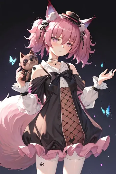 best quality, masterpiece, highres, solo, {shamare_arknights:1.15}, animal_ears, animal_ear_fluff, fox_ears, twintails, bangs, pink_hair, hair_between_eyes, hair_ornament, pink_eyes, closed_mouth, fox_girl, tail, symbol-shaped_pupils, fox_tail, upper_body, stuffed_toy, 1girl, black_dress, black_headwear, bug, butterfly, dress, hat, official_alternate_costume, black_bow, bow, mini_hat, purple_hair, blue_butterfly, purple_eyes, looking_at_viewer, skull_hair_ornament, black_background, wrist_cuffs