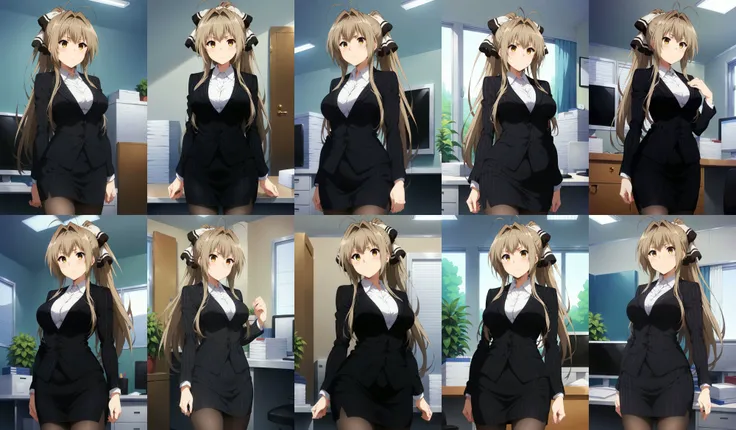 score_9, score_8_up, score_7_up, source_anime, aaisuzu, solo, long hair, antenna hair, ponytail, hair bow, breasts, collared shirt, black jacket, pinstripe suit, pinstripe pattern, pantyhose, vertical-striped skirt, <lora:sento_isuzu_xl_pony_v1:0.9>, standing, cowboy shot, office, indoors, standing, cowboy shot,