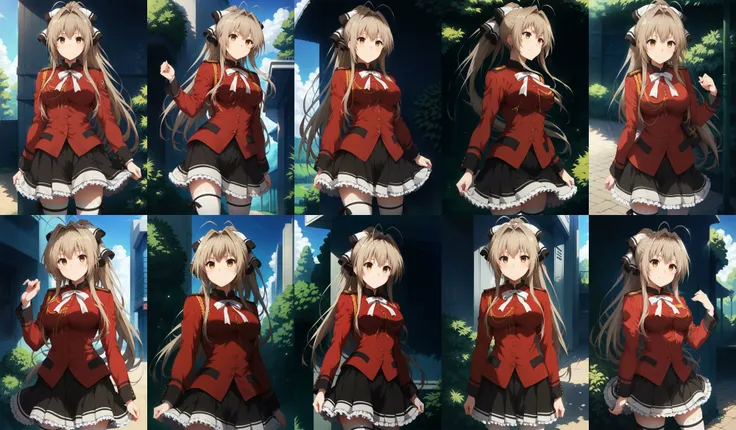 score_9, score_8_up, score_7_up, source_anime, aaisuzu, solo, long hair, antenna hair, ponytail, hair bow, breasts, uniform, aiguillette, white bowtie, red jacket, long sleeves, frilled skirt, black skirt, white thighhighs, <lora:sento_isuzu_xl_pony_v1:0.9>, standing, cowboy shot, smile, outdoors
