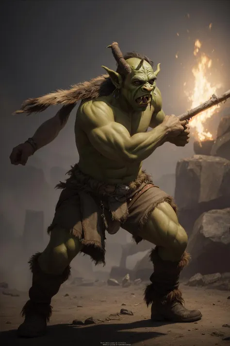 official art, ((orc shaman))with staff attacking  monster , ((fighting)), dungeon,( realistic)<lora:L_RM-RF1:1> <lora:L_RM-RF2:1>