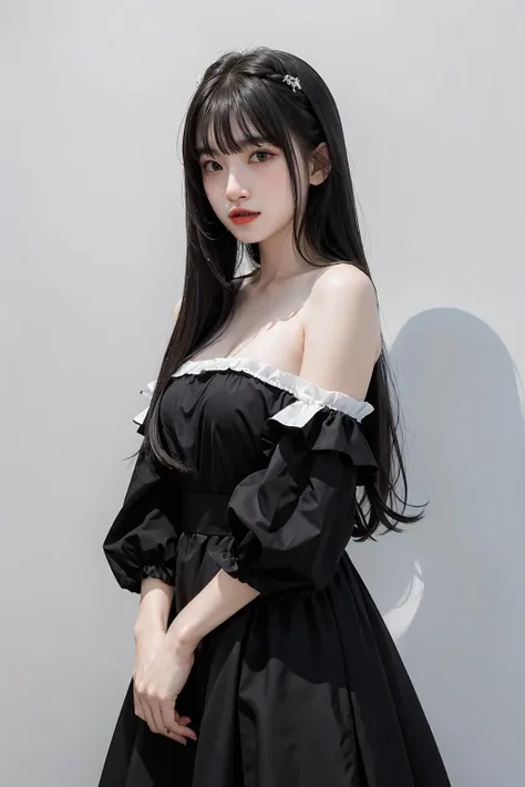 1girl,hair with bangs,black long dress,white background, <lora:Rung_th-04:1>
