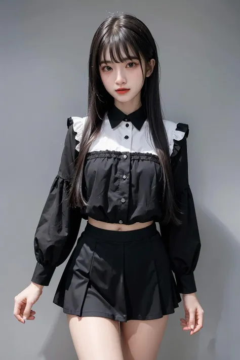 1girl,hair with bangs,black blouse and black skirt, ,white background,  <lora:Rung_th-04:1>