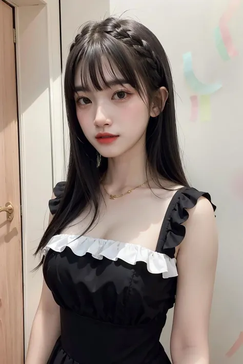 1girl,hair with bangs,black long dress,white background, <lora:Rung_th-04:1>