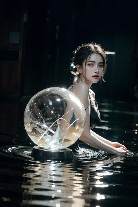 best quality, masterpiece, realistic,  messy [updo|hanging] hair, (full body:0.6), solo, (full body:0.6), looking down, detailed background, detailed face, Sc3pt4, sci-fi theme:1.1), mercury-wizard, melancholic, surrounded by waves of iridescent silver, alchemical imagery, reflections, silver-colored fluid, metallic sheen, shiny, dynamic pose, fluid movement, floating particles, droplets of mercury, flowing metal, blending mercury, a foreign planet in the background, dripping mercury formations, volumetric lighting, cinematic atmosphere, sharp details, high detail skin, realistic skin texture, perfect eyes, <lora:Rung_th-04:1>