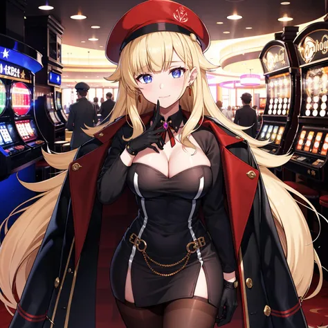 1girl, solo, long hair, bangs, dark blue eyes, blonde hair, very long hair,
gloves, long sleeves, hat, dress, cleavage, jewelry, closed mouth, jacket, pantyhose, earrings, black gloves, black dress, coat, black pantyhose, beret, short dress, red headwear, brown pantyhose, coat on shoulders
casino, gambling,
<lora:gambler_dark_sushi:0.65>