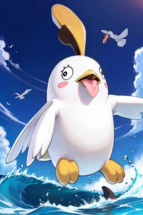 masterpiece, best quality, solo,<lora:BlueArchive_PeroroSama_v13-000070:0.9>, perorosama, full body, open mouth, standing, tongue out, black eyes, animal focus, (white bird, duck, duck feet:1.5), yellow ahoge, wings, (no humans:1.5), blush stickers, (dynamic angle:1.5), (surfing, hawaii, island, ocean, waves, surfboard, palm trees:1.1), from below,