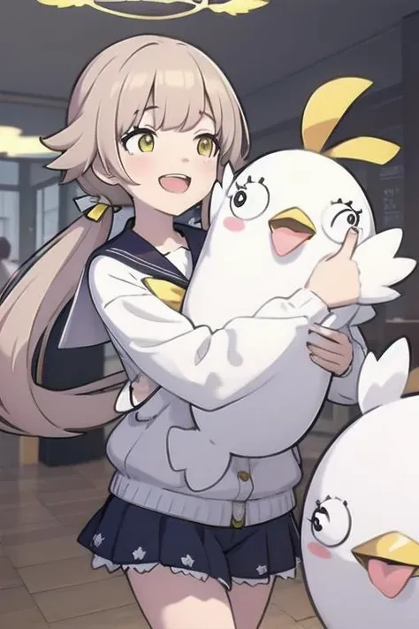 (masterpiece, best quality), (realistic:1.1), <lora:PeroroSama_v9:0.9> animal, bird, fat white bird, tongue out, mascot, 1girl, large breasts, running, medium hair, black eyes, black suit, pants, cosplay girl, strap, animal strap