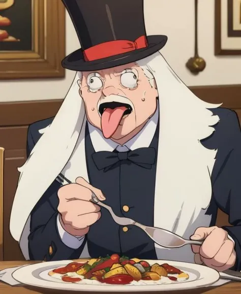 masterpiece, best quality, no humans, animal, peroro, fat white bird, long tongue, drooling, crying, <lora:PeroroSama_v9-000006:0.7>, wearing a top hat, black tuxedo, bowtie, eating roast chicken, holding a fork and knife, banquet table,
