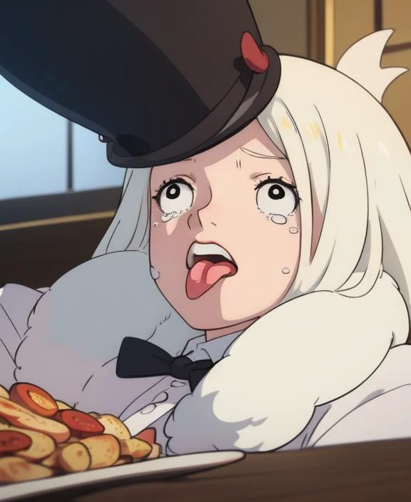 masterpiece, best quality, no humans, animal, peroro, fat white bird, long tongue, drooling, crying, bawling, tears, <lora:PeroroSama_v9-000006:0.7>, wearing a top hat, black tuxedo, bowtie, eating roast chicken, banquet table,
