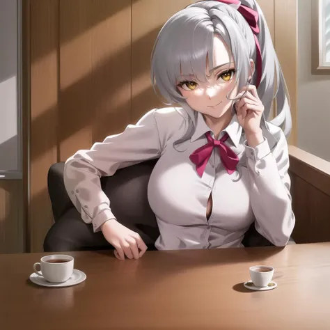 (masterpiece), (((best quality))), ((detailed face)), (perfect face), (detailed eyes), (beautiful eyes), award winning, (4k), incredibly absurdres, (absurdres), (highres), (sharp), extremely detailed CG, 8k_wallpaper, ((ultra-detailed))), (illustration), CG, wallpaper, ((HDR)), ((high quality)), ((high-definition)), (((extremely detailed))), <lora:azurlanedrake:0.7>, (upper body), long hair, grey hair, ponytail, yellow eyes, large breasts, pov across table, table, cafe, white collared shirt, tight shirt, button gap, pink cardigan, open cardigan, pink neck ribbon, smug, light smile, wedding ring, elbows on table, hand on table, head tilt, hand on own face, head rest, leaning forward, cake slice, coffee mug,