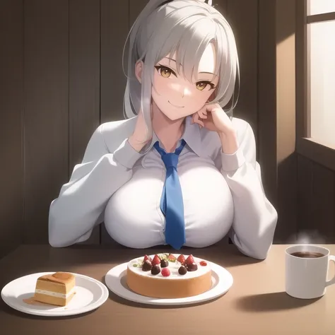 (masterpiece), (((best quality))), ((detailed face)), (perfect face), (detailed eyes), (beautiful eyes), award winning, (4k), incredibly absurdres, (absurdres), (highres), (sharp), extremely detailed CG, 8k_wallpaper, ((ultra-detailed))), (illustration), CG, wallpaper, ((HDR)), ((high quality)), ((high-definition)), (((extremely detailed))), <lora:azurlanedrake:0.5>, (upper body), long hair, grey hair, ponytail, yellow eyes, large breasts, pov across table, table, cafe, white collared shirt, tight shirt, button gap, open cardigan, (blue cardigan), necktie, smug, light smile, wedding ring, leaning forward, elbows on table, hand on table, head tilt, hand on own face, head rest, cake slice, plate, sandwich, coffee cup,