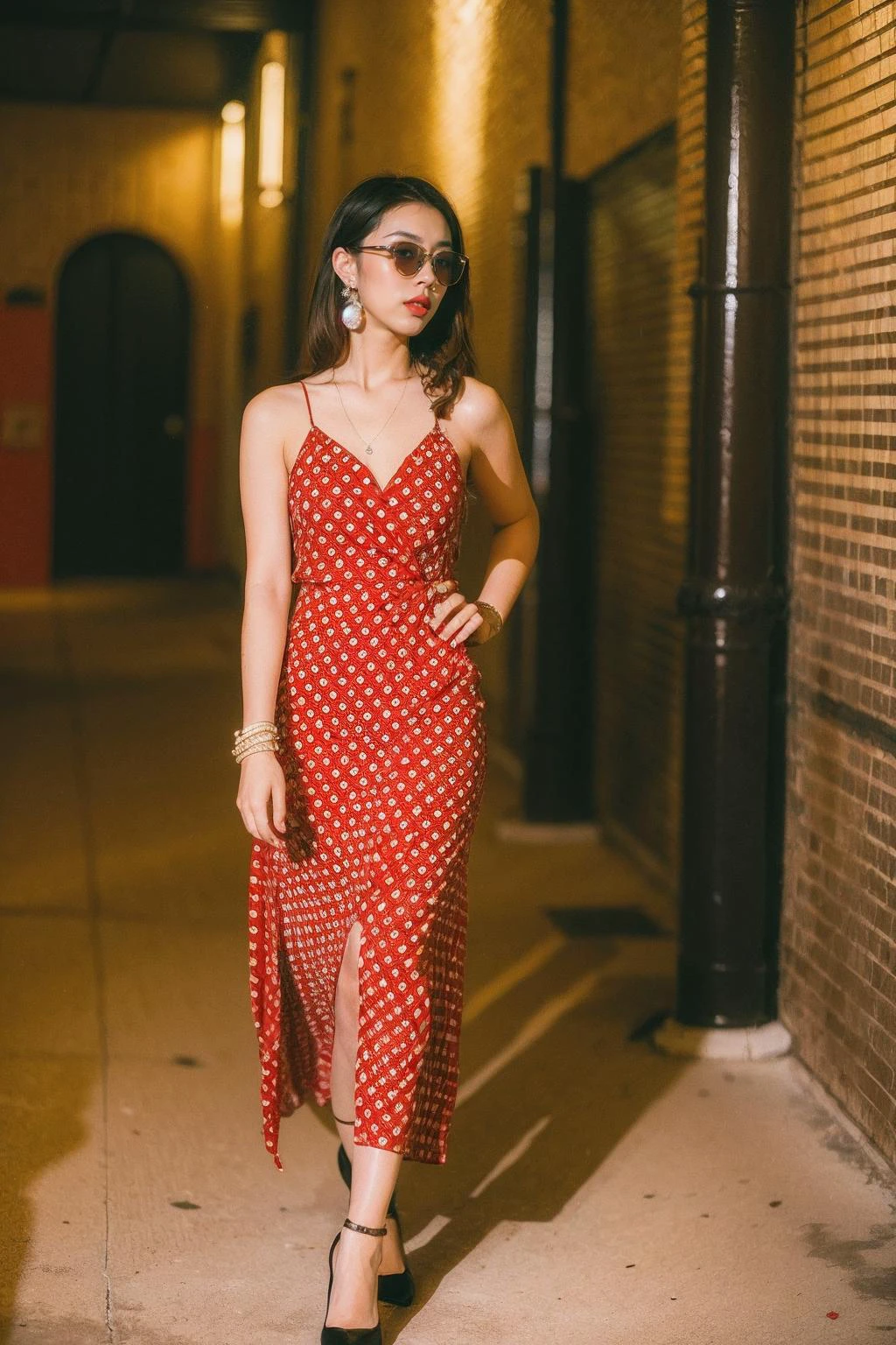 Best Quality,Masterpiece,Ultra High Resolution,(Realisticity:1.4),Original Photo,Cinematic Lighting,
HongKong Style,HongKong,1girl,dress,jewelry,solo,polka dot,long hair,red dress,bracelet,realistic,earrings,black hair,polka dot dress,glasses,brown hair,full body,