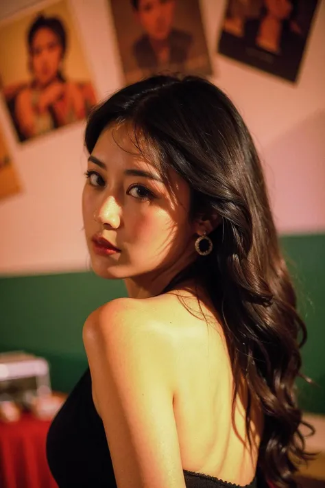 Best Quality,Masterpiece,Ultra High Resolution,(Realisticity:1.4),Original Photo,Cinematic Lighting,
HongKong Style,HongKong, 1girl, jewelry, earrings, solo, long hair, black hair, looking at viewer, lips, upper body, looking back, realistic, bare shoulders, poster \(object\), black eyes