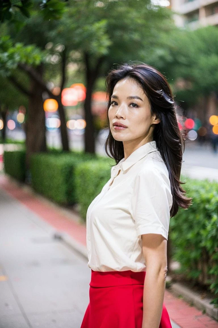 Best Quality, Masterpiece, Ultra High Resolution, (Realisticity:1.4), Original Photo, Cinematic Lighting, HongKong Style, HongKong, 1girl, solo, skirt, shirt, plant, long hair, outdoors, long skirt, black hair, (upper body:1.2), photo background, brown hair, standing, red skirt, lipstick,