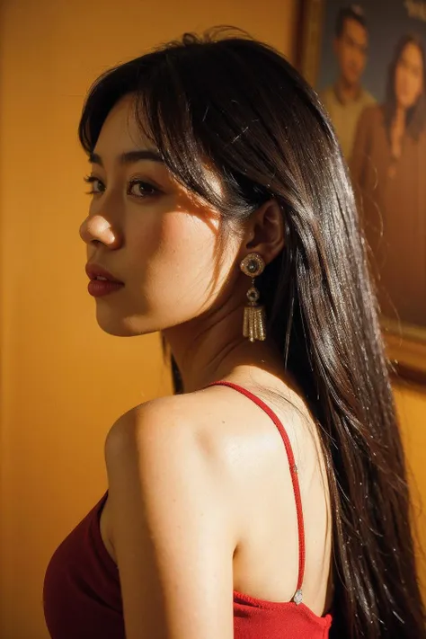 Best Quality,Masterpiece,Ultra High Resolution,(Realisticity:1.4),Original Photo,Cinematic Lighting,
HongKong Style,HongKong, 1girl, jewelry, earrings, solo, long hair, black hair, looking at viewer, lips, upper body, looking back, realistic, bare shoulders, poster \(object\), black eyes