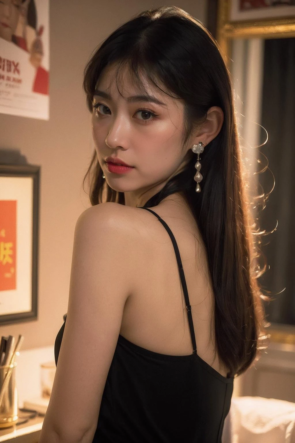 Best Quality,Masterpiece,Ultra High Resolution,(Realisticity:1.4),Original Photo,Cinematic Lighting,
HongKong style,HongKong, 1girl, jewelry, earrings, solo, dress, long hair, black hair, lips, realistic, looking at viewer, black dress, looking back, indoors, sleeveless dress, rabbit, poster \(object\), bare shoulders, brown eyes