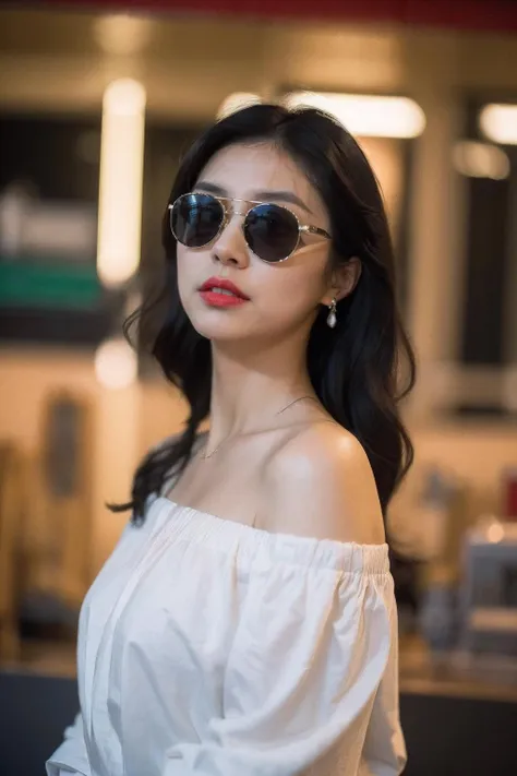 Best Quality,Masterpiece,Ultra High Resolution,(Realisticity:1.4),Original Photo,Cinematic Lighting,
HongKong style,HongKong, 1girl, black hair, solo, sunglasses, blurry, blurry background, long hair, shirt, upper body, red lips, white shirt, realistic, looking to the side, black eyes, lips, off shoulder, looking at viewer