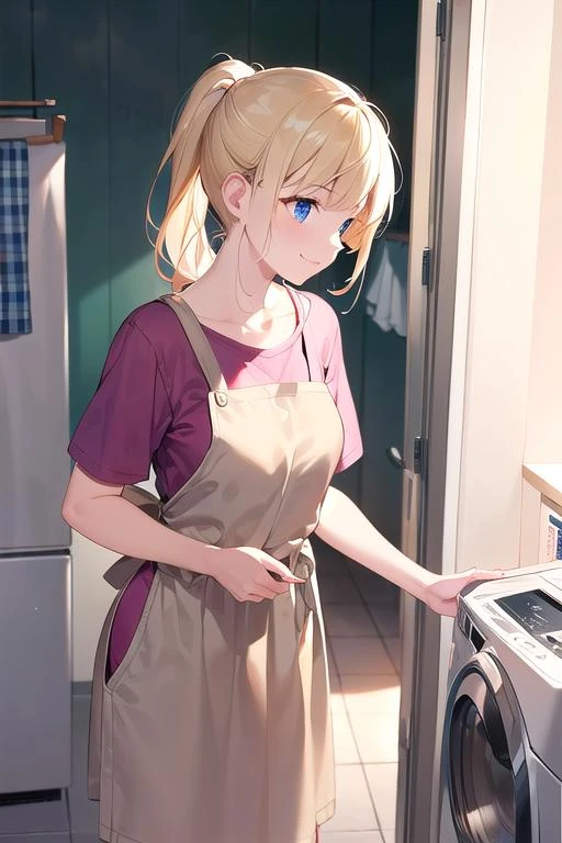 (8K,RAW Photo,best quality,masterpiece:1.3), (Professional Natural light),(day view), realistic, high resolution,
1 girl, yo, adult, medium breast, solo, casual,bangs down, (low ponytail:1.1),(pink shirt:1.1),skirt, light smile,black skirt, blonde hair ,printed apron,(beige apron:1.1),collarbone,hang out one's laundry,Dried laundry,(Clothes drying:1.3),laundry basket,motion,looking away, standing, looking at viewer,