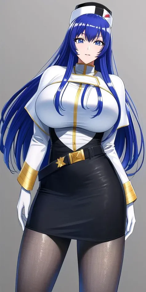 <lora:YurikaMisumaruV3:0.75> yurikamisumaru, huge_breasts, standing, solo, Military_uniform_White_turtleneck_jacket_Black_pencil_skirt_Black_pantyhose_White_capelet, CaptainHat, masterpiece, best quality, detailed face, detailed eyes, highres,