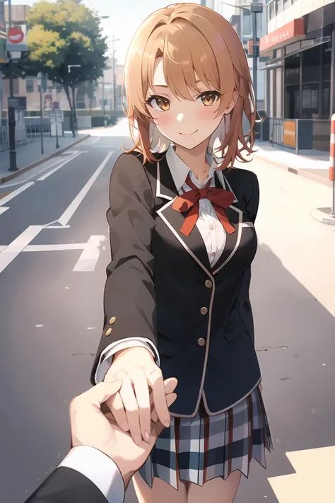 bestquality,1girl,isshiki iroha,light orange hair,light brown eyes,medium breasts,light smile,look at viewer,school uniform,blazer,long sleeves,bf_holding_hands,pov,blush,street, <lora:isshiki iroha:0.8:sd> <lora:bf_holding_hands:1:out0><lora:GoodHands-beta2:1>