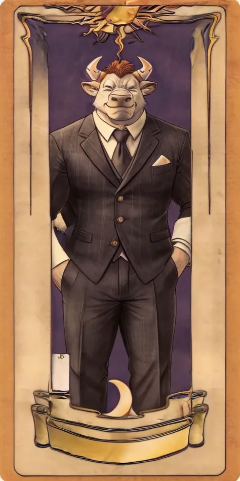 gyumao, bull, suit,front view, eyes closed,male, muscular,card, solo, tarot, highly detailed, masterpiece,best quality, 4k, hi res, <lora:ClowCard_NoText:1>, <lora:GyumaoFRL27nO:1>