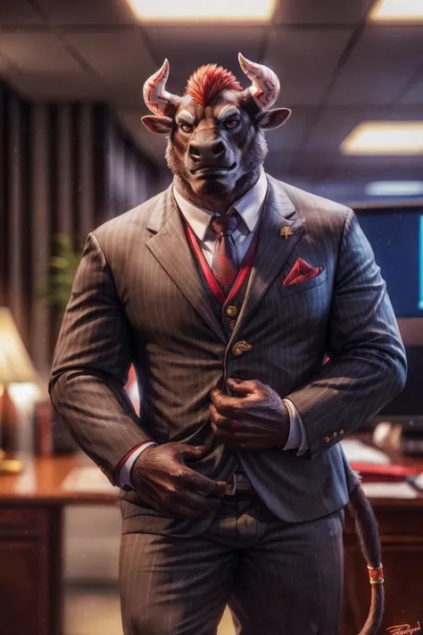 gyumao, bull, bovid, horn, (black body:1.4), black fur, fluffy, male, (clothed, suit), topwear, bottomwear, manly, markings, tail, office, front view, 5 fingers, red facial hair, mohawk, red hair, red eyes, tail, tail accessory, tail jewelry,
BREAK,
by zephyxus, by thebigslick, by personalami, by snowskau, (intricate, high detail, film photography, soft focus, RAW candid cinema,
photorealism, realistic, photorealistic, analog style, subsurface scattering,
masterpiece, best quality, ultra realistic, 8k)