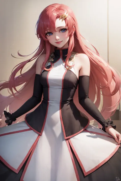 (masterpiece, best quality:1.2), <lora:gundam_clyne-10:1.0>, solo, 1girl, lacus clyne, smile, looking at viewer, standing, dress, detached sleeves