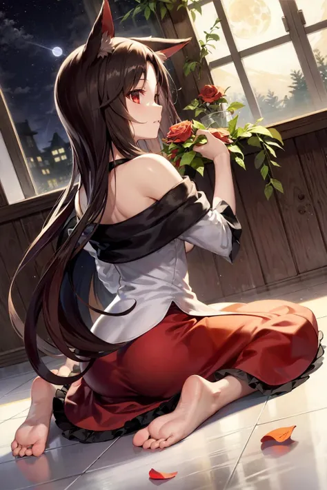 masterpiece, best quality, <lora:imaizumikagerou:1>,1girl, moon, animal ears, long hair, full moon, imaizumi kagerou, tail, petals, solo, barefoot, wolf ears, brown hair, plant, window, wolf tail, night, sitting, red eyes, flower, looking at viewer, bare shoulders, soles, indoors, broken glass, star (sky), sky, night sky, looking back, wariza, from behind, moonlight, light particles, starry sky, holding, off shoulder, tiles, tile floor, checkered floor, feet, on floor, cloud, back, very long hair, long sleeves, dress, fur trim, potted plant, glass, profile, toes, red skirt, reflection, full body, skirt, red dress, bangs, broken window, rose, dutch angle, wide sleeves, rose petals, bouquet, red flower, vines, leaf