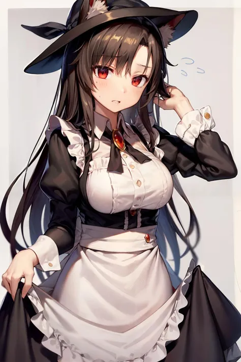 masterpiece, best quality, <lora:imaizumikagerou:1>,1girl, imaizumi kagerou, solo, maid, animal ears, long hair, brooch, enmaided, red eyes, apron, wolf ears, jewelry, brown hair, long sleeves, alternate costume, looking at viewer, dress, mob cap, puffy sleeves, breasts, hat, hair ornament, simple background, maid apron, juliet sleeves, very long hair, hairclip, maid headdress, black dress, skirt hold, sweatdrop, bangs, blush, cowboy shot, white apron, large breasts, swept bangs, frills, hand in own hair, standing, hand up, white headwear, border, parted lips, grey background, white border, ascot, wing collar, sleeve cuffs, frilled apron